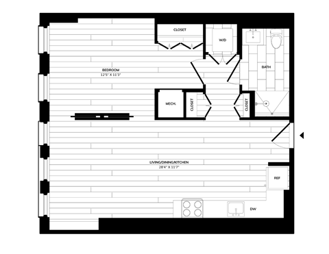 Floor plan for 1 bed, 1 bath, 745 sqft
